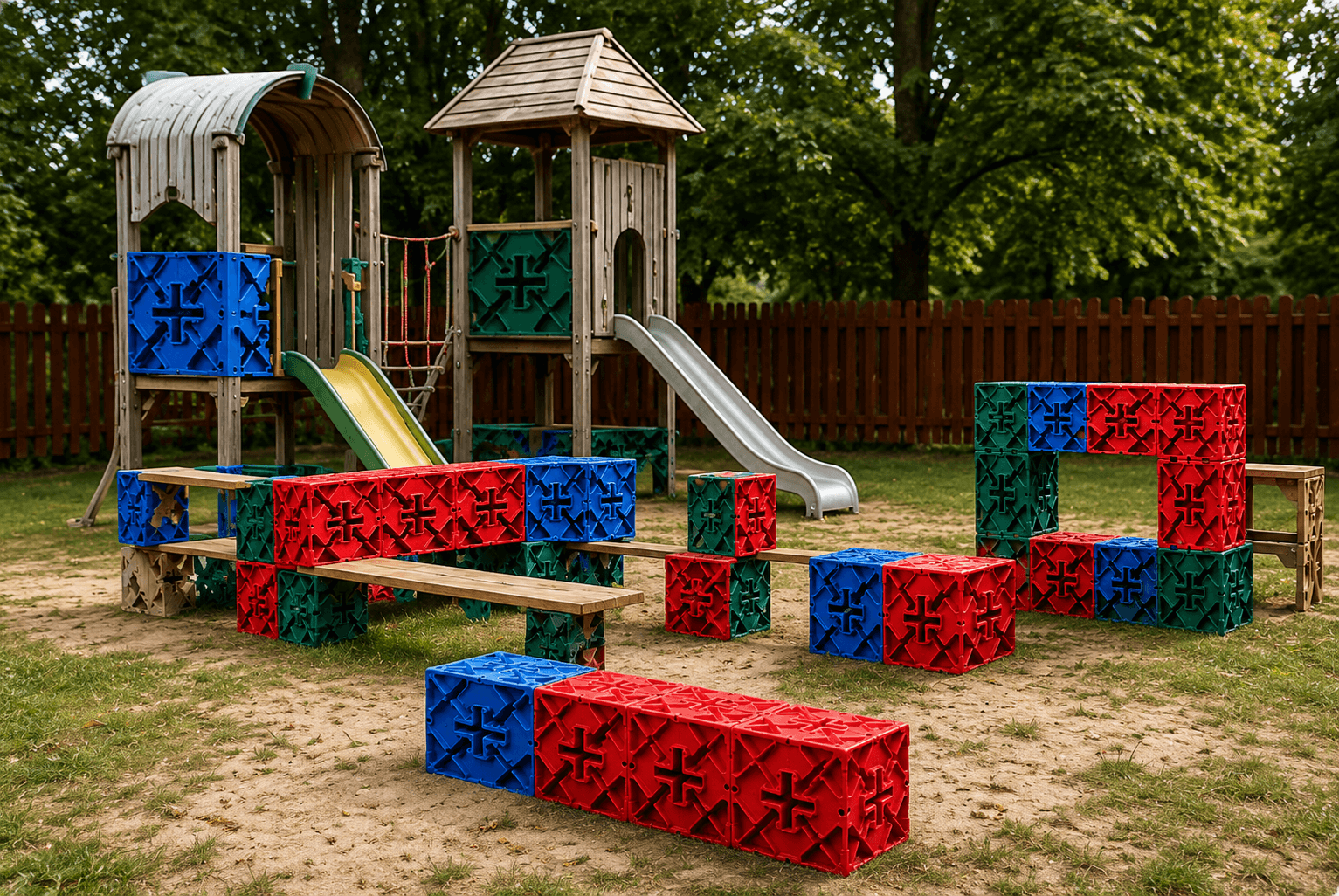 Konstrukcja z X Blocks na terenie placu zabaw