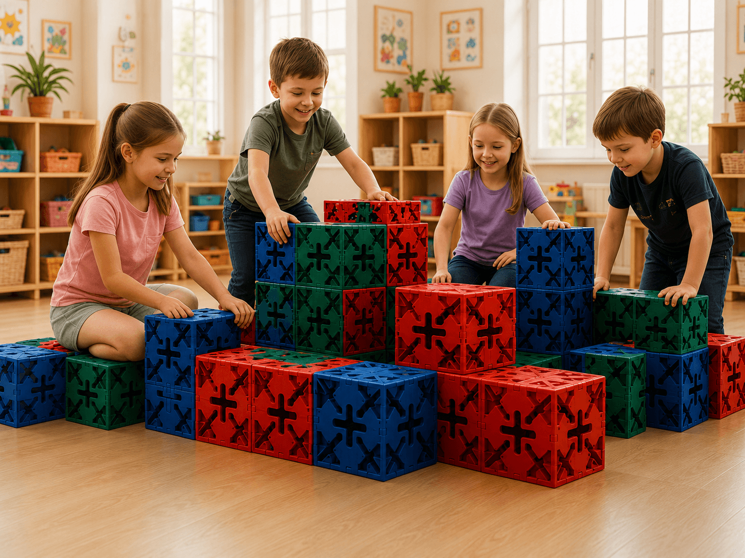 Dzieci wspólnie budujące dużą konstrukcję z X Blocks w sali edukacyjnej